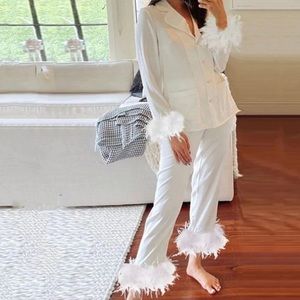 White feather pajamas set - Bride satin sleepwear set
